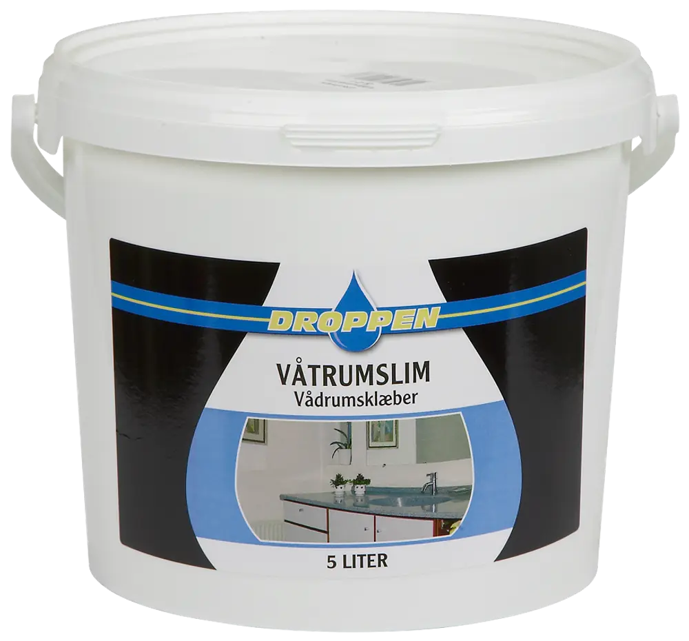 Vit 5-liters plasthink med lock och handtag, innehåller Droppen våtrumslim. Passar för badrum och våtrum. Etiketten visar produktnamn och badrumsbild.