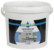 Hvid 5-liters plastspand med låg og hank, indeholdende Droppen vådrumslim. Velegnet til badeværelser og vådrum. Etiketten viser produktnavn og billede af badeværelse.