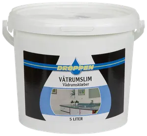Vit 5-liters plasthink med lock och handtag, innehåller Droppen våtrumslim. Passar för badrum och våtrum. Etiketten visar produktnamn och badrumsbild.
