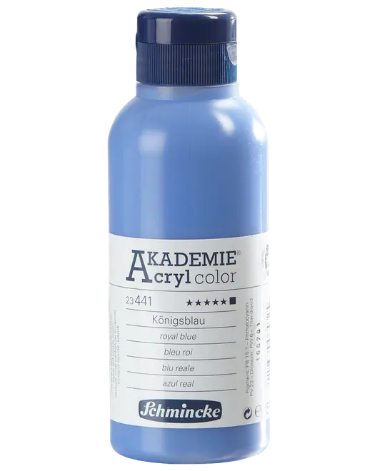 500 ml flaska Schmincke Akademie Acryl Color akrylfärg i kungligt blå. Skruvlock, bred öppning och tydlig etikett med färgnamn och produktinformation.