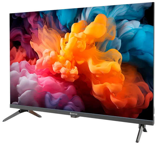 Fladskærms LED-TV med slanke sorte rammer, to skrå ben og levende skærm med farverige abstrakte røgmønstre. Velegnet til moderne hjemmeunderholdning.