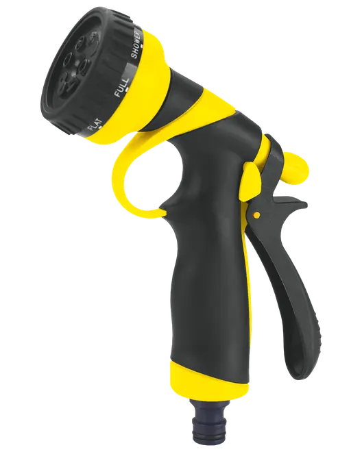 Svart och gul trädgårdsslangmunstycke med ergonomiskt handtag, justerbar avtryckare och flera spraylägen markerade på ratten för mångsidig bevattning och rengöring.