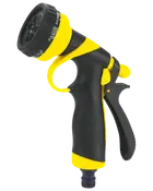 Svart och gul trädgårdsslangmunstycke med ergonomiskt handtag, justerbar avtryckare och flera spraylägen markerade på ratten för mångsidig bevattning och rengöring.