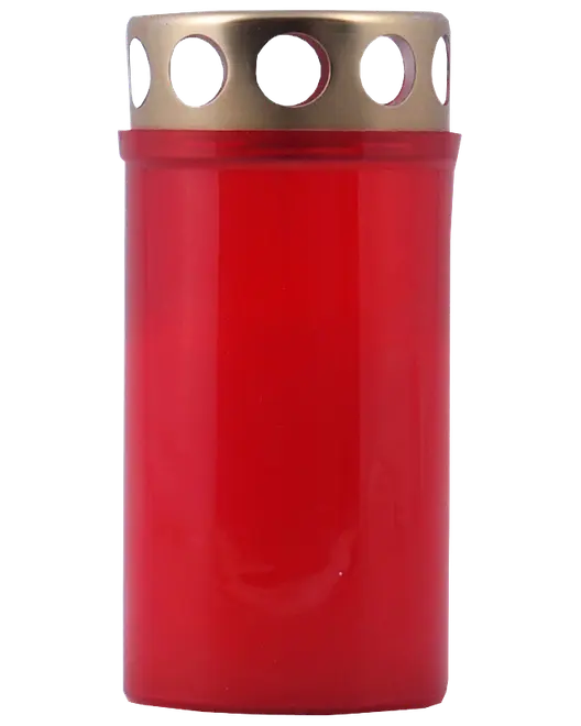 Rött gravljus med cylindrisk plastkropp och guldfärgat metallock med runda hål, avsett för utomhusbruk på gravar eller minnesplatser.