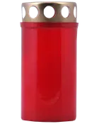 Rødt gravlys med cylindrisk plastkrop og guldfarvet metal låg med runde udskæringer, beregnet til udendørs brug på gravsteder eller mindesteder.