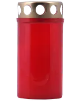 Rødt gravlys med cylindrisk plastkrop og guldfarvet metal låg med runde udskæringer, beregnet til udendørs brug på gravsteder eller mindesteder.