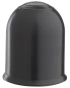 Svart kupolformad plastkåpa med rundad ovansida, släta sidor och bred fläns nedtill.