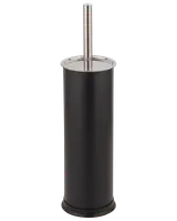Svart toalettborsthållare med cylindrisk form och handtag i rostfritt stål. Modern, minimalistisk design, hållbar och lätt att rengöra.