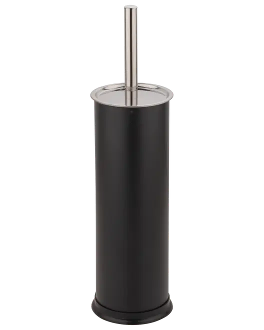 Sort toiletbørsteholder med cylinderformet design og håndtag i rustfrit stål. Moderne og minimalistisk stil, nem at rengøre og opbevare på badeværelset.