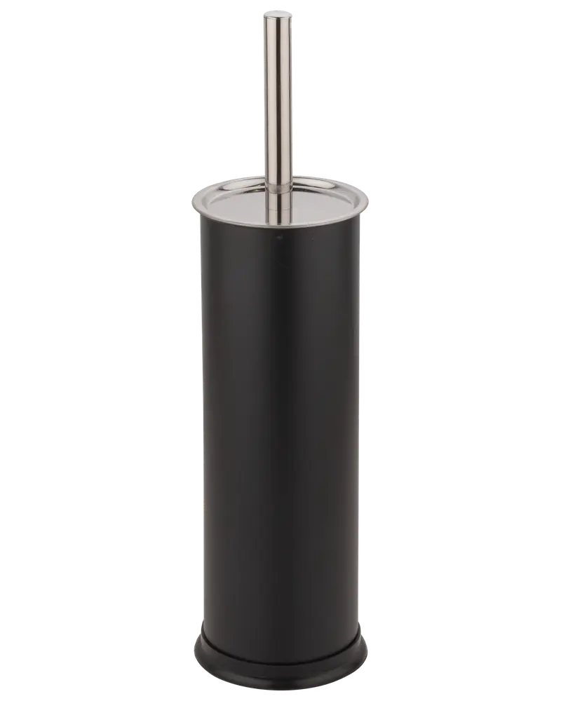 Svart toalettborsthållare med cylindrisk form och handtag i rostfritt stål. Modern, minimalistisk design, hållbar och lätt att rengöra.