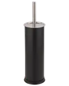 Svart toalettborsthållare med cylindrisk form och handtag i rostfritt stål. Modern, minimalistisk design, hållbar och lätt att rengöra.