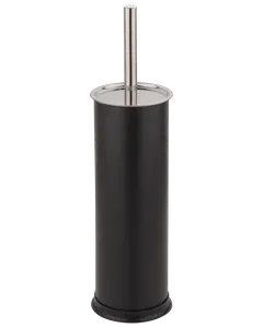 Svart toalettborsthållare med cylindrisk form och handtag i rostfritt stål. Modern, minimalistisk design, hållbar och lätt att rengöra.