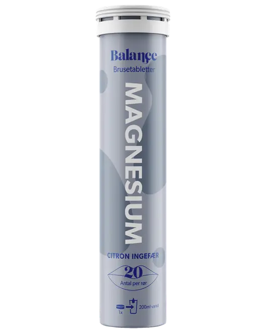 Høj tube med Balance magnesium brusetabletter med citron og ingefær, 20 tabletter, til 200 ml vand.