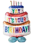 Farverig folie-ballon i lagdelt kagelook med lys på toppen og teksten “YAY IT’S YOUR BIRTHDAY!”