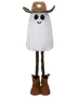 Plys spøgelsesfigur med brun cowboyhat og sheriffstjerne, sort-hvide stribede ben og brune støvler. Sød smilende ansigt, ideel til Halloween eller temadekoration.