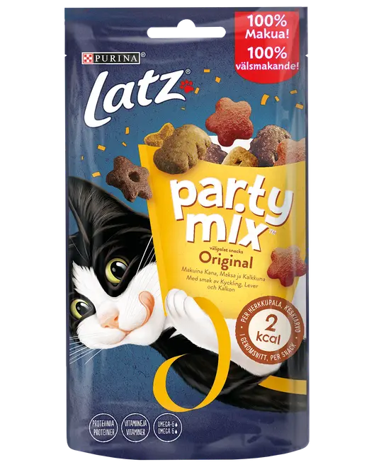 Purina Latz Party Mix Original kattgodis, 60g återförslutningsbar påse, stjärnformade krispiga snacks med kyckling-, lever- och kalkonsmak. Innehåller protein, vitaminer och Omega 6.