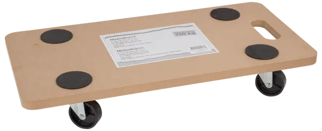 Rektangulær møbelhund i træ med fire sorte hjul, fire skridsikre puder og indbygget håndtag. Egnet til at flytte tunge genstande op til 150 kg.