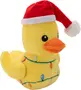 Gul plysdyr-and med rød nissehue, dekoreret med broderede farverige julelys rundt om kroppen. Blød, festlig bamse, velegnet som gave eller pynt.