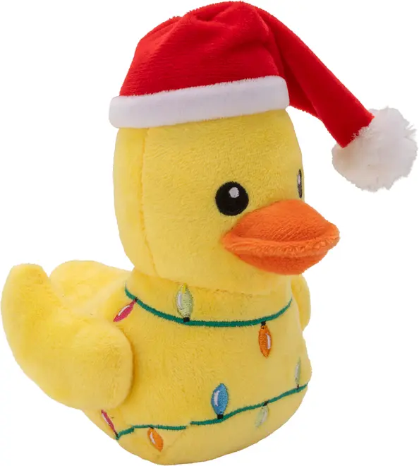 Gul plysdyr-and med rød nissehue, dekoreret med broderede farverige julelys rundt om kroppen. Blød, festlig bamse, velegnet som gave eller pynt.