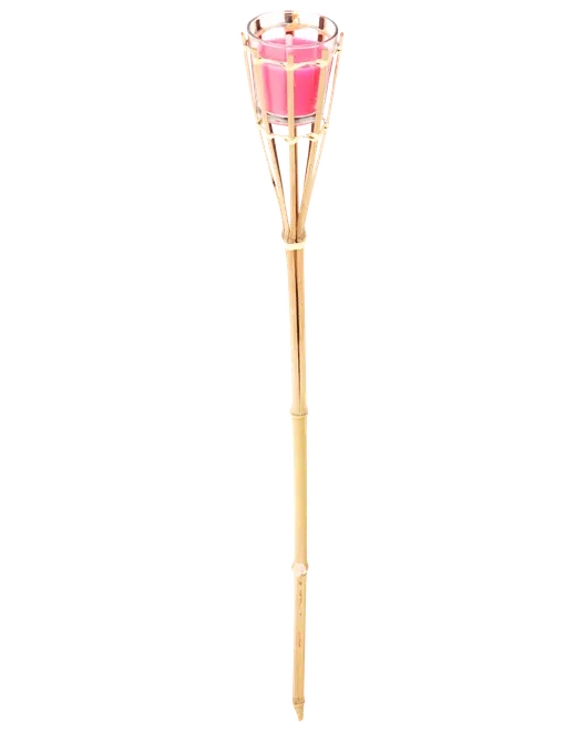 Hög gyllene trädgårdsfackla i bambuliknande design med rosa brännskål upptill och lång markspik för utomhusbruk.
