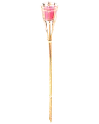 Hög gyllene trädgårdsfackla i bambuliknande design med rosa brännskål upptill och lång markspik för utomhusbruk.