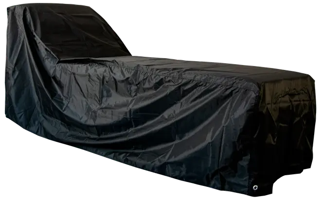 Svart vattentätt överdrag för utomhus-solstol, tillverkat av slitstarkt, väderbeständigt material. Förstärkta sömmar och metallöljetter för säker fastsättning. Skyddar mot regn, damm och sol.