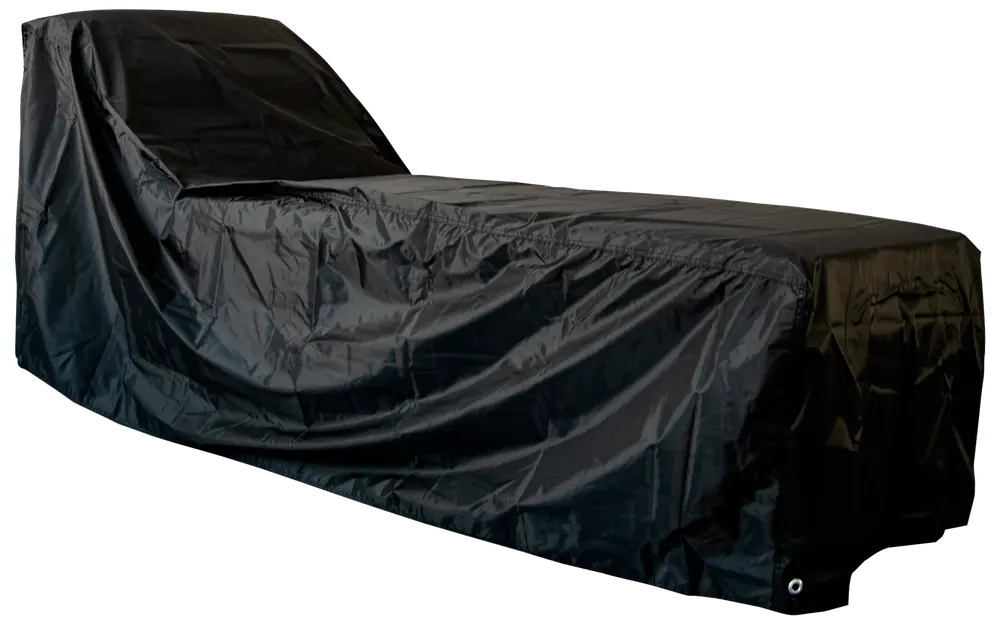 Sort, vandtæt overtræk til udendørs liggestol, lavet af slidstærkt, vejrbestandigt materiale. Forstærkede syninger og metaløjer for sikker fastgørelse. Beskytter mod regn, støv og sol.