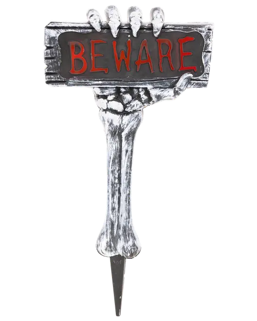 Halloween-trädgårdspinne formad som ett skelett som håller en skylt med "BEWARE" i röda bokstäver. Tillverkad av hållbar plast för utomhusbruk.