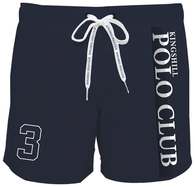 Mørkeblå badeshorts med hvid snøre, stort lodret 'POLO CLUB'-tryk til højre, tallet 3 på venstre ben og 'KINGSHILL POLO CLUB'-mærkning.