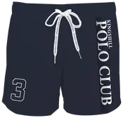 Mørkeblå badeshorts med hvid snøre, stort lodret 'POLO CLUB'-tryk til højre, tallet 3 på venstre ben og 'KINGSHILL POLO CLUB'-mærkning.