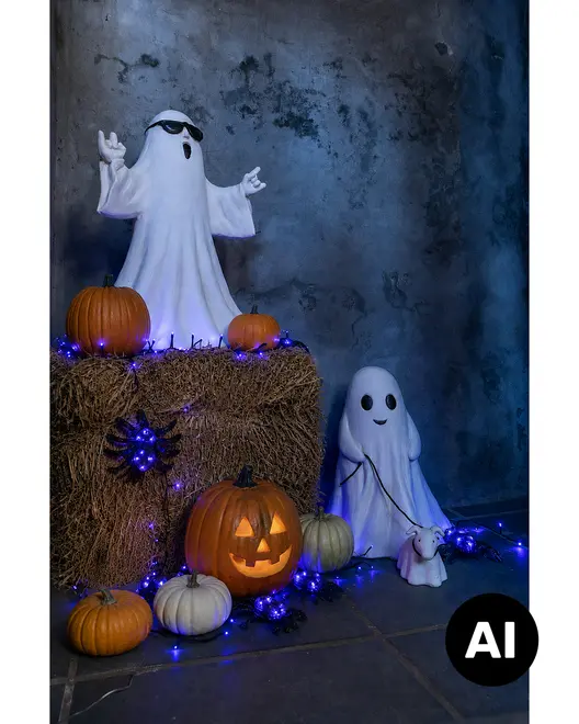 Halloween-udsmykning med to spøgelsesfigurer, udskårne og hele græskar, en høballe, blå lyskæde og en uhyggelig edderkop. - Billedet er skabt med AI