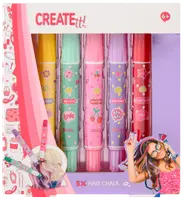 Sæt med fem farverige hårkridtpenne i gul, grøn, pink, lilla og rød til midlertidig hårfarvning. Velegnet til børn fra 6 år og opefter.