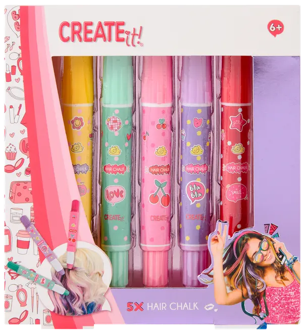 Sæt med fem farverige hårkridtpenne i gul, grøn, pink, lilla og rød til midlertidig hårfarvning. Velegnet til børn fra 6 år og opefter.