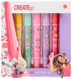 Sæt med fem farverige hårkridtpenne i gul, grøn, pink, lilla og rød til midlertidig hårfarvning. Velegnet til børn fra 6 år og opefter.