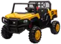 Gul og sort CAT ride-on legetøjsbil med robuste dæk, åbent førerhus, rat og to sæder. Realistiske detaljer og 4x4 mærkning, egnet til børn.