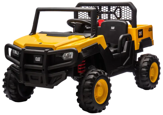 Gul og sort CAT ride-on legetøjsbil med robuste dæk, åbent førerhus, rat og to sæder. Realistiske detaljer og 4x4 mærkning, egnet til børn.