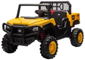 Gul og sort CAT ride-on legetøjsbil med robuste dæk, åbent førerhus, rat og to sæder. Realistiske detaljer og 4x4 mærkning, egnet til børn.