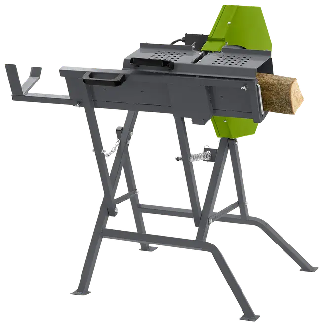 Metalsavbuk med grøn sikkerhedsafdækning, robust stel og justerbare holdere til fastgørelse af brænde under savning. Ideel til stabil og effektiv brændekløvning.