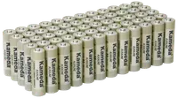 Pakke med 48 Kameda AA-alkalinebatterier, cylindrisk form, sølvfarve med sort tekst, velegnet til forskellige elektroniske enheder, der bruger AA-batterier.