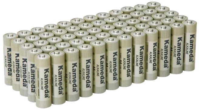 Förpackning med 48 Kameda AA alkaliska batterier, cylindrisk form, silverfärg med svart text, passar till olika elektroniska enheter som kräver AA-batterier.