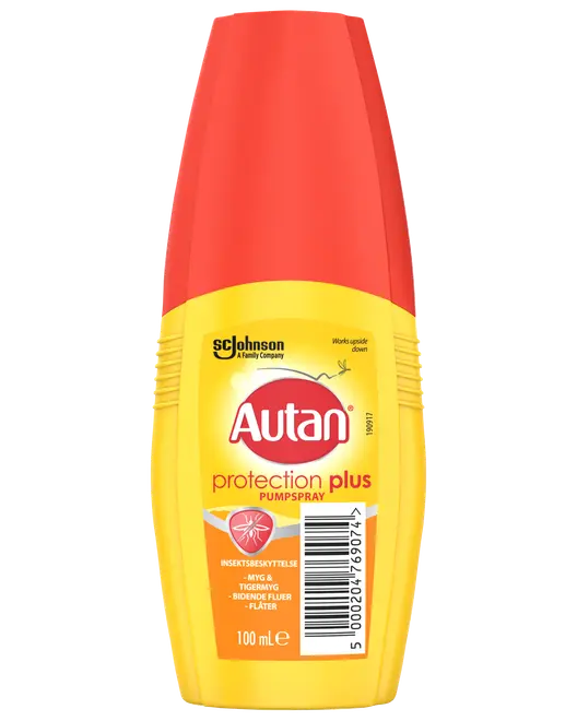 Autan Protection Plus insektbeskyttelsesspray, 100 ml flaske, gul med rød hætte. Beskytter mod myg, flåter, bidende fluer og mitter. Praktisk, rejsevenlig emballage.