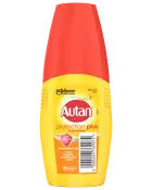 Autan Protection Plus insektbeskyttelsesspray, 100 ml flaske, gul med rød hætte. Beskytter mod myg, flåter, bidende fluer og mitter. Praktisk, rejsevenlig emballage.