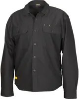Svart långärmad herrskjorta för arbete med knappar, två bröstfickor med lock och gul etikett vid fållen. Slitstarkt tyg för arbetsmiljöer.