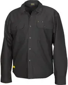 Svart långärmad herrskjorta för arbete med knappar, två bröstfickor med lock och gul etikett vid fållen. Slitstarkt tyg för arbetsmiljöer.