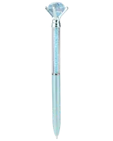 A light blue pen featuring a large, faceted, diamond-shaped gem at the top, held by a silver mount. The upper barrel is transparent and filled with small blue crystals, adding a sparkling effect. The lower barrel is solid light blue with a smooth, metallic finish.