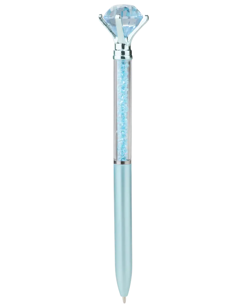 A light blue pen featuring a large, faceted, diamond-shaped gem at the top, held by a silver mount. The upper barrel is transparent and filled with small blue crystals, adding a sparkling effect. The lower barrel is solid light blue with a smooth, metallic finish.