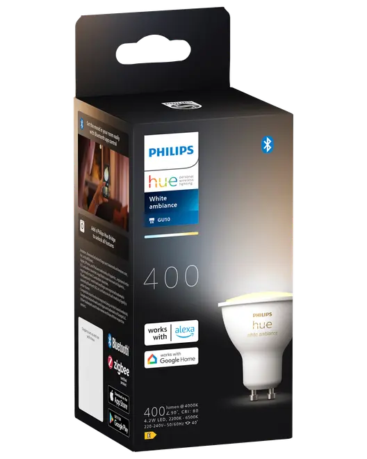 Philips Hue White Ambiance GU10 smart LED-pære, 400 lumen, Bluetooth og Zigbee kompatibel, virker med Alexa og Google Home, justerbart hvidt lys, energieffektiv, enkeltpakkeløsning.