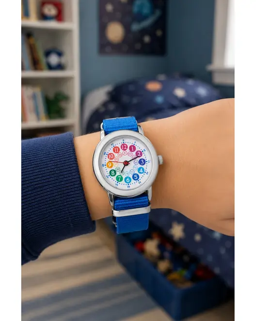 Børne analog armbåndsur med blå stofrem. Skiven har farverige tal og visere, designet til at lære børn at aflæse tiden. Sølvfarvet urkasse, justerbar rem. - Billedet er skabt med AI