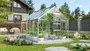 Växthus av klart glas med aluminiumram och dörr. Innehåller olika krukväxter och grönsaker. Passar för trädgårdsodling och växtskydd. Modernt, kompakt design för hemmet.