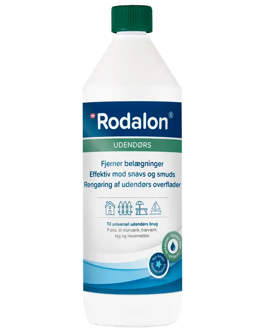 Rodalon Udendørs rengøringsmiddel, 1-liters flaske med grøn låg. Effektiv mod snavs og belægninger, til udendørs overflader som murværk, træværk, tag og havemøbler. Uden blegemiddel.